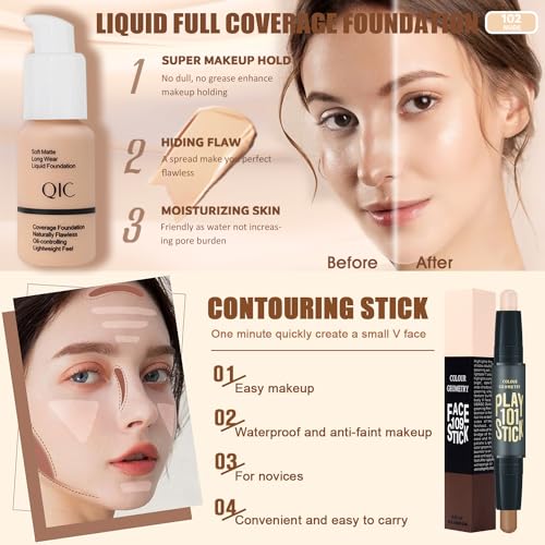 All in One Makeup Kit, 12 Colors Eyeshadow, Foundation & Primer, CC Cream, Lipsticks, Mascara, Makeup Brush & Sponge, Brow Pencil & Soap, Eyeliner, Contour Stick, Cosmetics Bag