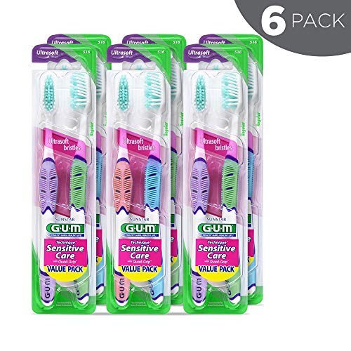 GUM Technique Sensitive Care Toothbrush with Quad-Grip Handle, Full Head & Ultra Soft Bristles for Plaque Removal That’s Gentle on Gums, 2ct(6Pk)