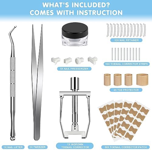Ingrown Toenail Removal Kit Includes Ingrown Toenail Corrector, Tweezer, 50pcs Nail Patches,12 Nail Retainer,10 Toenail Corrector Strips
