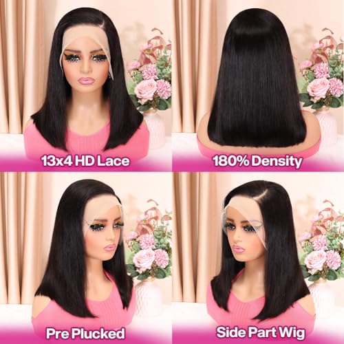 Hihmarm Bob Wig Human Hair 13x4 HD Lace Front Wig Glueless Wigs Human Hair Pre Plucked Short Bob Lace Front Wigs Human Hair For Black Women Nature Hairline 180% Density 14 Inch