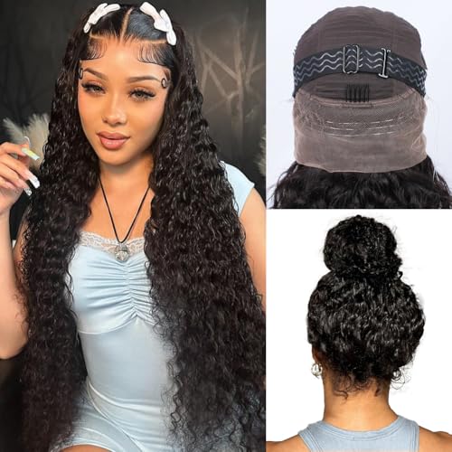 Hidden Strap Water Wave 360 Glueless Wigs Human Hair Pre Plucked Pre Bleached Human Hair Wig With Drawstring 180 Density Wet and Wavy HD Full Lace Front Wigs Human Hair 26 inch