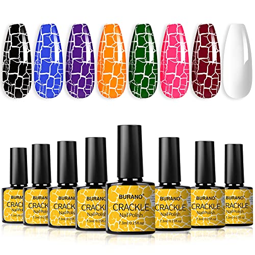 BURANO Crackle Gel Nail Polish Set - 7 Colors + White, Super Easy Cracked Nail Polish, Air Dry & UV Lamp Needed