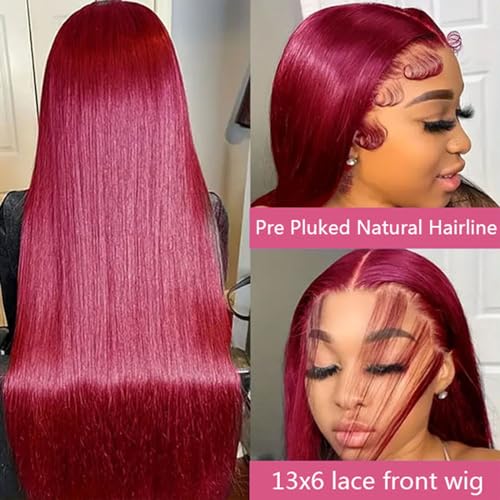 Burgundy Wig Human Hair 28inch 13x6 HD Transparent Lace Straight 99J Red Human Hair Wig Colored Reddish Brown Lace Frontal Wigs 180% Density Pre Plucked