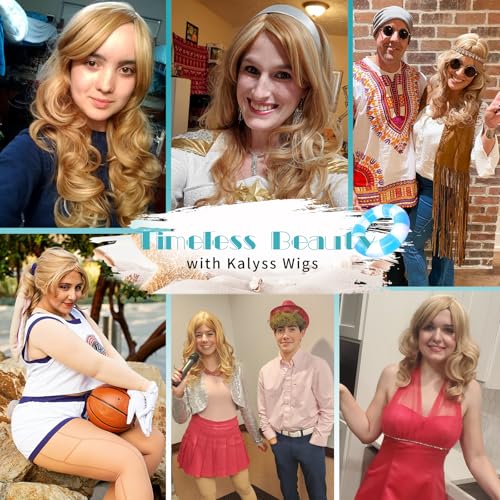 Kalyss Blonde Wig With Bangs Long Blonde Curly Wigs for Women Heat Resistant Synthetic Hair Wavy Blonde Highlights Wigs for Women 22 Inches