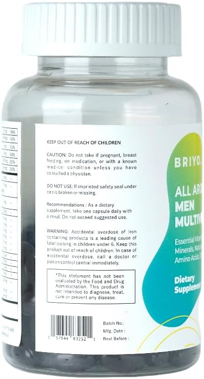 Briyo All Around Men - 38 nutrients (Essential Vitamins, Minerals, Natural extracts, Amino acids) - 90 Capsules