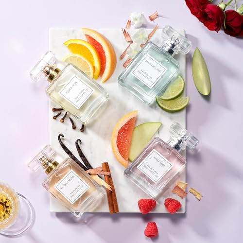 Christmas Gifts for Women, Perfume for Women, Women's Perfume Gift Set - 4pc Sampler With Vanilla Musk, Amber Noir, Blue Lagoon & Mary Rose Fragrances - Large Bottle of Floral Parfum Made in France