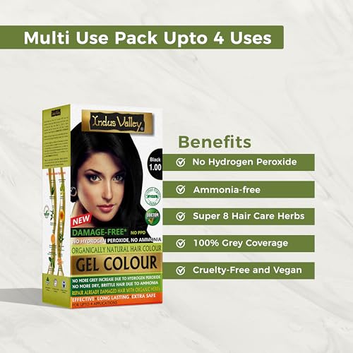 Indus Valley Natural Organic Damage Free Gel Hair Color | Ammonia Free, Vegan & Cruelty Free | Up to 100% Gray Coverage|Black 1.0 (20gram+200ml)