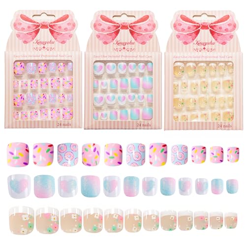 Kids Press on Nails Children Fake Nails 72PCS Artificial Nail Tips Adhesive Full Cover Short False Fingernails for Girls Kids Nail Decoration (French Donut Heart)