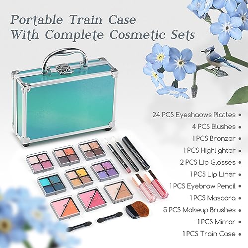Color Nymph Beginner Makeup Kits For Teens With Train Case Included Full Makeup Kit Eyeshadow Palette Blushes Bronzer Highlighter Lipstick Brushes Mirror (Green)
