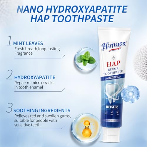 Hotluck HAP Fluoride Free Toothpaste，Nano Hydroxyapatite Toothpaste，Enamel Repair & Remineralization，Whitening，Fresh Breath，Natural Mint，4oz (Pack of 2)