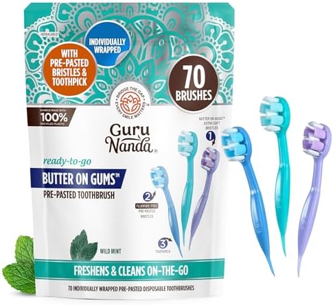 GuruNanda Ready-to-Go Disposable Mini Travel Toothbrushes - Butter on Gums Softex Bristles, Pre-Pasted Toothbrush & Toothpick - Fluoride-Free, No Rinsing Needed, 70 Ct