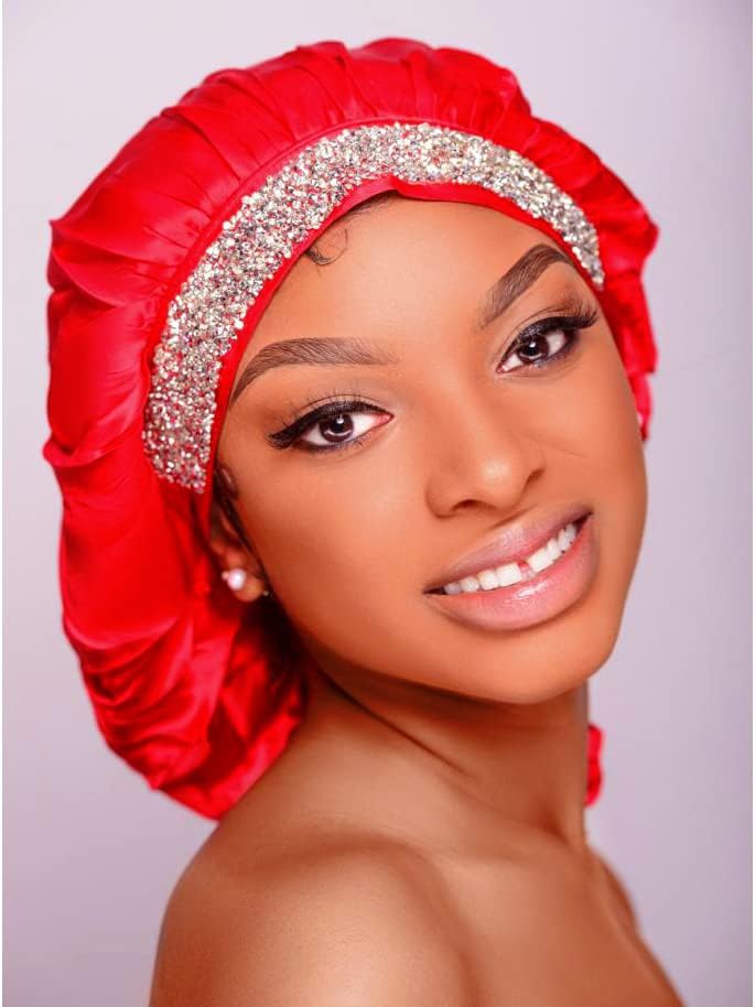Large Size Soft Silk Bling Bonnet Sleep Cap, Extra Large for Braids, Satin Smooth Rhinestone Night Hat
