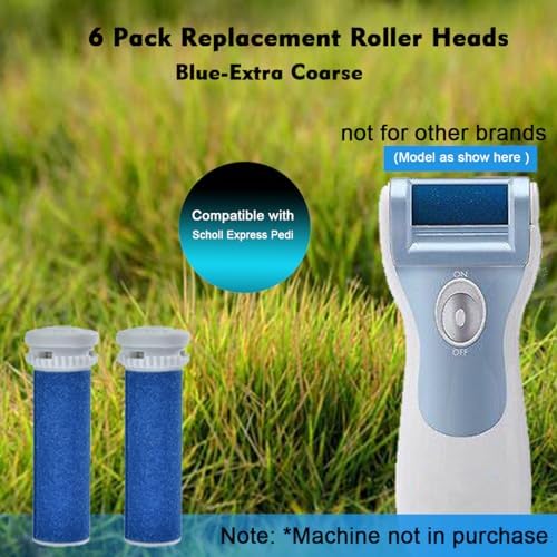 6 Pack Blue Extra Coarse Replacement Roller Refills Compatible with Scholl Express Pedi Foot Smoother Include a Cleaning Brush