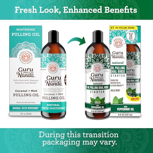 GuruNanda Starter Pulling Oil Mouthwash for Natural Teeth Whitening, Coconut and Peppermint Oil for Fresh Breath & Happy Gums, Alcohol-Free, 8 Oz