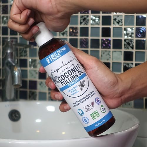 Coconut Oil Pulling for Teeth and Gums Mouthwash, 100% Pure and Natural, Non-GMO, Ayurvedic – Peppermint Pulling Oil