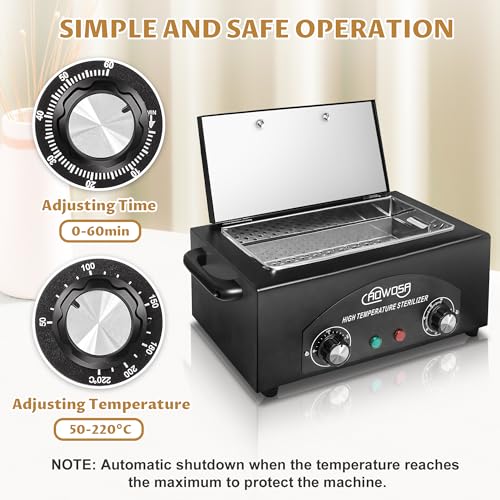 High Temperature Metal Tool Cleaning Box, 2L Dry Heat Cabinet Beauty Hair Nail Metal Tool Cleaning for Manicure Pedicure Barber, with 0-60 Min Timer & 50-220℃ Temp Settings, Plastic Sterilization Tray