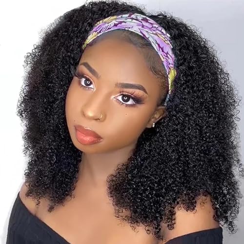 Headband Wig Human Hair Kinky Curly Headband Wigs for Black Women Human Hair Headband Wig Curly Human Hair Wigs Brazilian Virgin Hair Wear and Go Glueless Wig Natural Color 150% Density 14 Inch