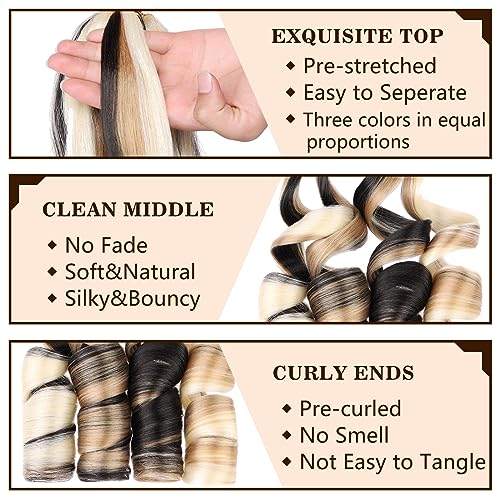 COOKOO 9 Packs French Curly Braiding Hair 22 Inch for Goddess Box Braids with Loose Wave Curly Ends Mix Black and Blonde Pre Stretched French Curls Synthetic Hair Extentions for Women P1B/27/613#