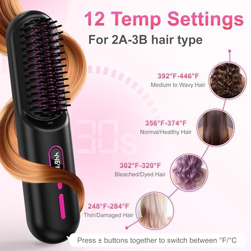 Cordless Hair Straightener Brush - [200M Negative Ions] Portable Straightening Brush for Women, USB Rechargeable, Anti-Scald, Fast Heating Mini Straightener Comb for Travel Car Outdoor, Black