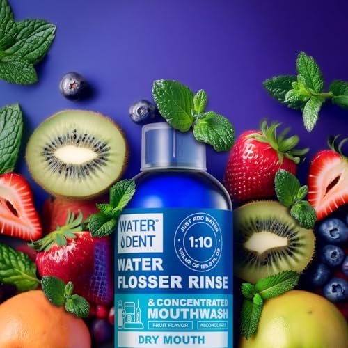 Concentrated Irrigant and mouthwash Dry Mouth | Add to Water Flossers | Fruit Flavor | When dilluted 16.9 fl.oz = 186 fl.oz | Alcohol Free, Fluoride Free. Made in USA (Non-Medical) WATER DENT