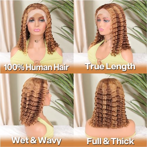 Curly Bob Wig Human Hair Deep Wave 13x4 HD Lace Front Wigs For Black Women Human Hair Pre Plucked Wear And Go Glueless Short Wet And Wavy Ombre Honey Blonde Highlight Color 4/27 14 Inch