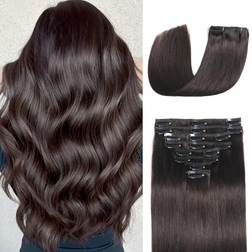 Clip in Hair Extensions Real Human Hair Clip in Extensions for Women Seamless Invisible Dark Brown Natural Remy 100% Human Clips ins Extension 8pcs Double Weft 16 inch 3.2oz/90g