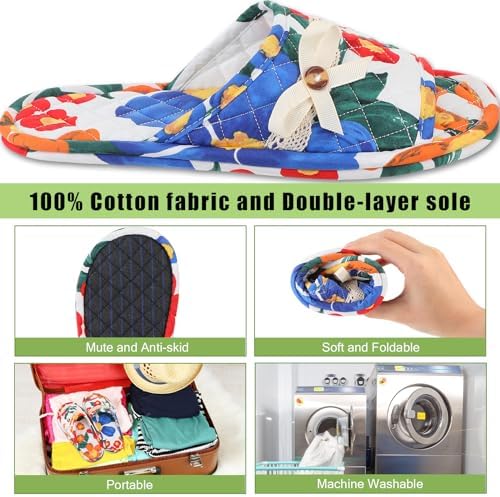Chuarry 5 Pairs Floral Cotton House Slippers for Women, Soft Open Toe Indoor Spa Slippers for Guests Non Slip Washable Comfortable Portable Shoes for Hotel Travel Bedroom Airplane Party