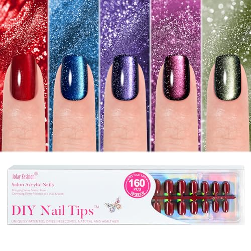 Cat Eye Press on Nails Short 5 Styles, Jofay Fashion 160Pcs Salon-Like Fake Nails with Glitter Chasing Light Cat Eye Designs, Valentines Artificial Acrylic Nails Glue on Nails Stick on Nails for Women