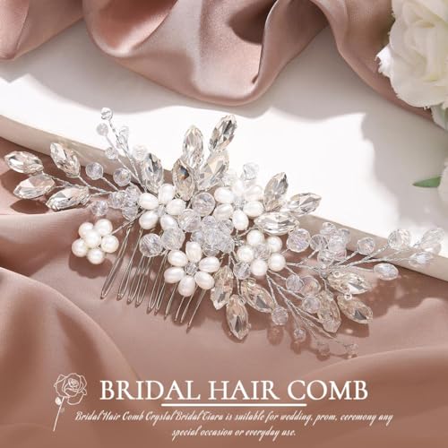 JAKAWIN Bride Wedding Hair Comb Pearl Flower Hair Piece Rhinestone Bridal Hair Accessories for Women HC034 (Silver)