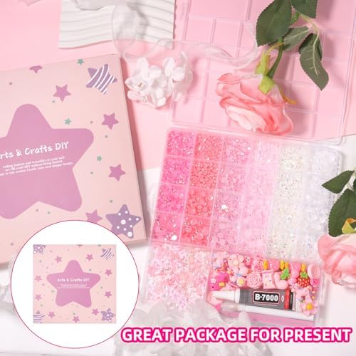 Junk Case Charms Kit, Pink White Pearls Resin Rhinestones Bedazzling Kit, Cute Candy Bear Cartoon Phone Cases Charms, Junk Case Kit with Big Charms with Glue for Crafts Nail Art DIY Accessories
