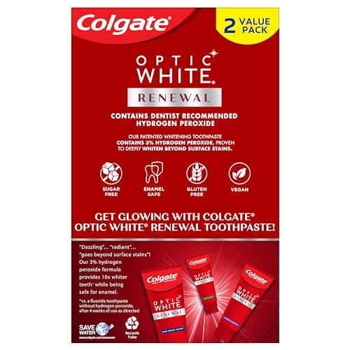 Colgate Optic White Renewal Teeth Whitening Toothpaste with Fluoride, 3% Hydrogen Peroxide, High Impact White, Mint - 3 Ounce (2 Pack)