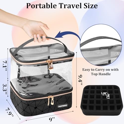 Clear Nail Polish Organizer Holds 30 Bottles (15ml/0.5fl.oz)& Nail Lamp, Double Layer Nail Supplies Organizer Case Transplant, PU Leather Nail kit Storage Bag for Manicure Tools (Black)