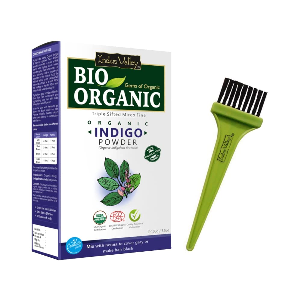 INDUS VALLEY BIO Organic Indigo Powder (Indigofera Tinctoria) with Color Recipe Book and an Applicator Brush Kit (100g) - Black
