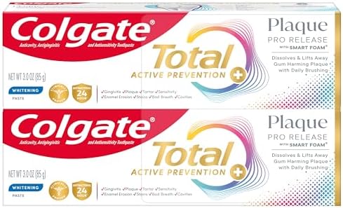 Colgate Total Plaque Pro Release Whitening Toothpaste Pack, Whitening Fluoride Toothpaste, Fights Plaque, Bad Breath, Tartar Buildup, and Helps Protect Teeth from Sensitivity, 2 Pack, 3.0 oz