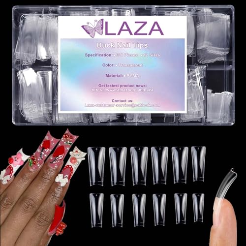 Laza 600pcs Long Duck Nail Tips 12 Sizes Box-packed Clear Duck Nails Half Cover Wide Nail Tips French False Nail Tips for Acrylic Nails Extension Tips — 41MM