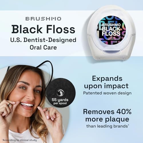 Brushmo Black Floss (BB Floss) - Expanding Gum-Friendly Soothing Mint Dental Floss, Natural Wax Helps Remove Plaque from Teeth, US-Dentist Designed PTFE & PFAS Free Oral Care, 2 Spools, 110 yd, Vegan
