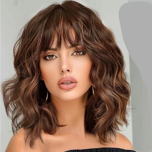 Lativ Brown Highlight Wigs for Women Short Wavy Curly Bob Wig with Bangs Shoulder Length 14 Inches Synthetic Hair for Daily Party Use
