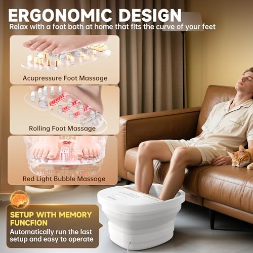 Collapasible Foot Spa Bath Massager with Heat, Pedicure Foot Spa with Bubbles and Jets/Timer/ Temperature Control, Feet Soak Tub for Home, Office, Relaxation and Stress Relief, Gift for Men and Women