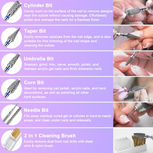 CGBE Nail Drill Bits, 6 Piece Nail Drill Bit Grinding Heads Carbide Machine Accessories for Manicure Remove Acrylic or Hard Gel Polygel, 3/32 Inch Professional Bits for Nail Cutter - Medium