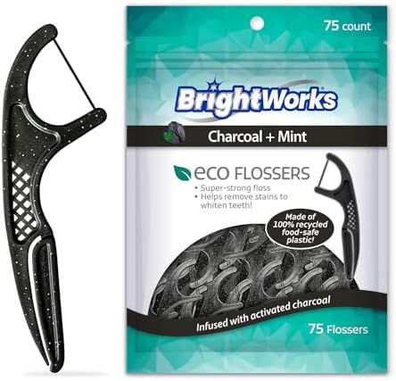 Brightworks ECO Sustainable Floss Picks - 225 Count - PFAS Free - Made in USA Charcoal + Mint Infused 100% Post-Consumer Recycled Plastic with Micro-Crystals for Oral Care Hygiene Gum Health