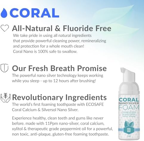 Coral Nano Silver Foaming Toothpaste, Natural Fluoride Free Toothpaste, SLS and Glycerin Free, Cool Mint, 4 Ounce
