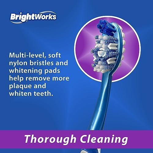 BrightWorks Sonic Battery Powered Toothbrush (2-Pack) (Blue/Purple) Soft Multi-Level Bristles for Whole Mouth, Vibrating Bristles Deep Clean, with Whitening Pads and Tongue Cleaner.