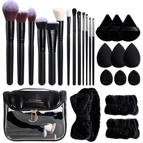 BS-MALL Makeup Brush Set with Waterproof Travel Bag & Makeup sponges -26 Pcs Set Triangle Puff & Face Washing Puffs,Face Wash Headband Wristband for Travel Go Camping Gift & Makeup Beginners