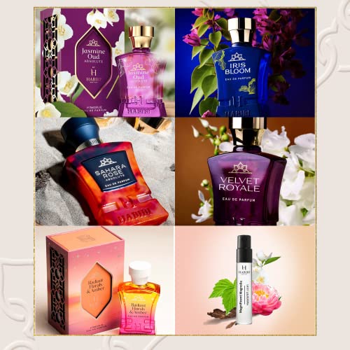 H HABIBI Deluxe Women's Fragrances Discovery Sample Set - Luxury Mini Perfumes for Women - Includes Iris, Magnolia, Jasmine Oud, & Rose Perfume Samples - 6 X 2ml Travel Size Perfume Samples