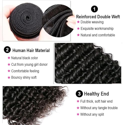 Human Hair Bundles Deep Wave 14 16 18 Inch Curly Bundle Human Hair 100% Unprocessed Brazilian Virgin Hair 3 Bundles for Women Wet and Wavy Hair Bundle Weave Extensions Natural Black