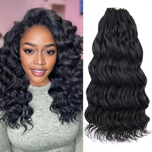 Leeven 14 Inch Pre Looped Ocean Wave Crochet Hair 8 Packs Black Short Curly Crochet Hair Boho Ocean Braids Pre Twisted Synthetic Deep Wavy Crochet Hair for Women