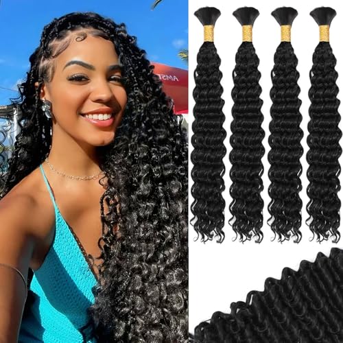 Human Braiding Hair Mix Synthetic Curly Boho Hair for Braiding, 20 Inch Boho Braids 4 Bundles 110g/Bundle Wet and Wavy Deep Wave Bulk Extensions for Black Women (1B, 20 Inch 4 Bundles)