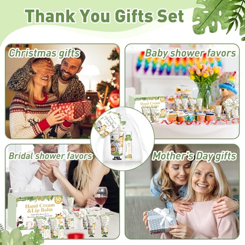 50 Pack Bulk Hand Cream and Bulk Lip Balm Gifts Sets, Baby Shower Favors and Bridal Shower Favors for Guests with Thank You Card and Organza Gift Bags, Birthday Gifts, Appreciation Gifts (Animal)