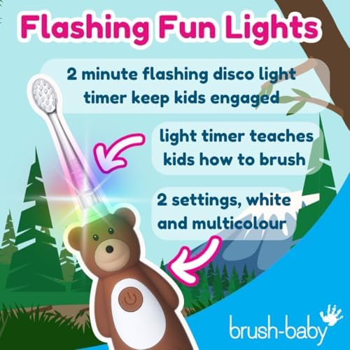 brush-baby - Kids Rechargeable Electric Toothbrush, 0-10 Years - WildOnes, Bear Design with Flashing Lights - DeepClean Bristles for Superior Clean - 2X Replacement Heads, 1x USB Cable