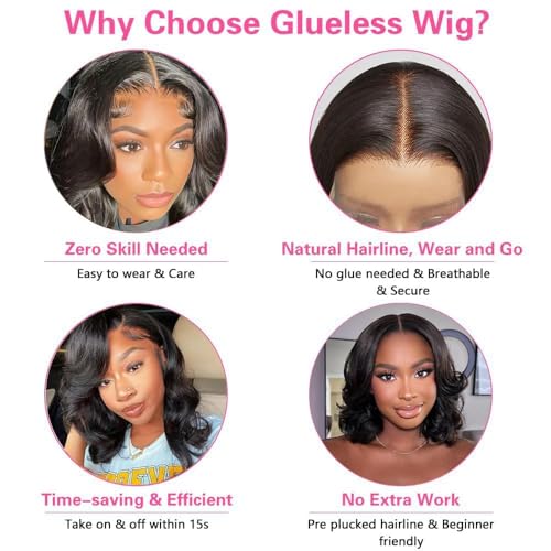 Caijuxing Wear and Go Bob Wig Human Hair 200% Density Short Bob Glueless Wig Human Hair Pre Plucked Pre Cut 4x4 HD Lace Front Wigs for Black Women Natural Color (10 Inch)